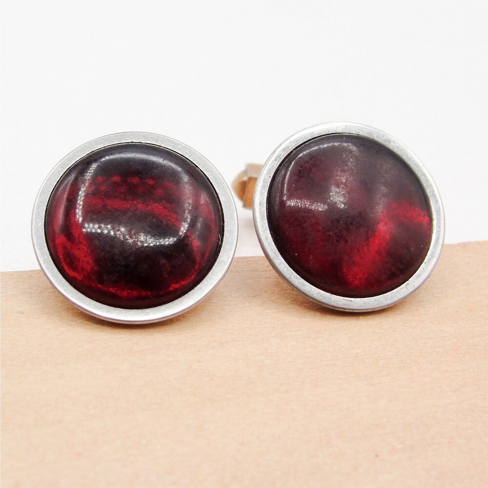 Vintage Swank 10K RGP Gold Tone Red Stone Cufflinks Ruby Cabochon Round Classic